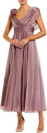 Mac Duggal Chiffon Cowl Neck 3D Flower Midi Dress in Antique Rose at Nordstrom, Size 8