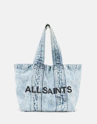 AllSaints Izzy - Borsa shopping in denim blu candeggiato con logo