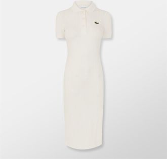 Lacoste Womens Ef9129 Collared Neck Midi T-Shirt Dress in Flour - White - Size 6 UK