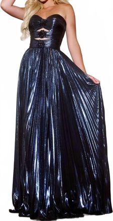 Jovani Glamorous Strapless Gown With Floral Accents And Cutout Detail In Navy
