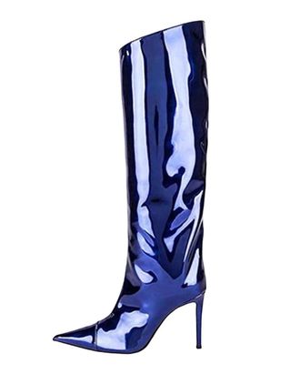 Generic Women High Heel Patent Leather Knee-High Boots Pointed Toe Reflective Design Boots