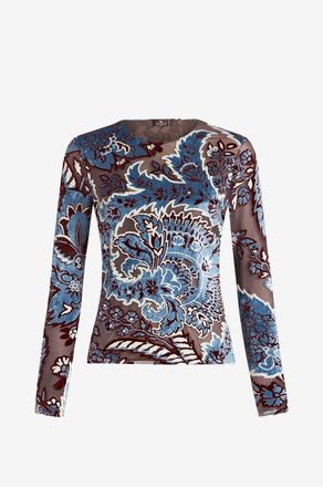 Etro Langarm-Top aus T&uuml;ll unc Samt Paisley Florals