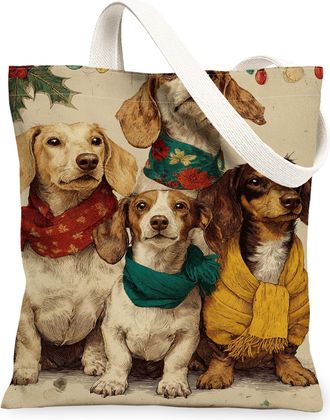 Generic Holiday Dogs Canvas Tote Bags, Cute Animal Print Reusable Grocery Bags, Festive Retro Lightweight Washable Shoulder Strap C, Multicolor, 13x15 Inch