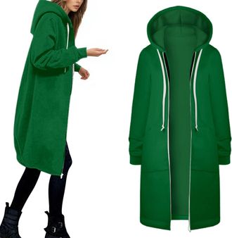 Generic Longline Hoodies For Women Uk Full Zip Up Thin Fleece Hoody Jackets With Pockets Plus Size Mid-length Hooded Sweahirts With Drawstring Hood Solid Warm
