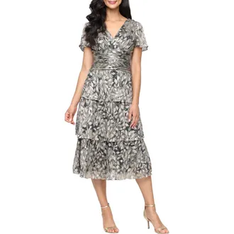 S.L. Fashions Metallic Tiered Surplice Neck Midi Dress in Black Gold at Nordstrom, Size 16