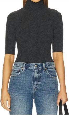 Autumn Cashmere Cropped Elbow Sleeve Rib Turtleneck Top In Pepper