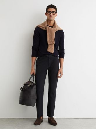 Reiss Navy Cotton Pique Chino Trousers, 38