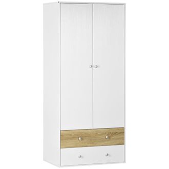 HOMCOM 2 Door Wardrobe White Wardrobe with Drawers and Hanging Rod for Bedroom | TJ Hughes