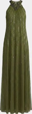 Mac Duggal Sequined-Mesh Trapeze Gown