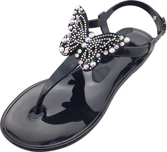 Generic Momolaa Clearance UK 7 Womens Jelly Sandals Glitter Diamond Beaded Transparent Toepost Thong Strap Sandal Jelly Flip Flops Beach Flat Thong Sandals wi