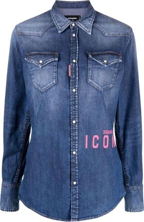 Dsquared2 Womens Icon Print Western Denim Blue Shirt Cotton - Size X-Small