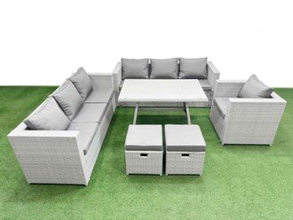 Fimous 9-seater Patio 3 Seater Sofa Armchair Set with 2 Small Stools in Light Grey