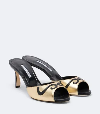 Manolo Blahnik Pintonamu embroidered metallic leather mules