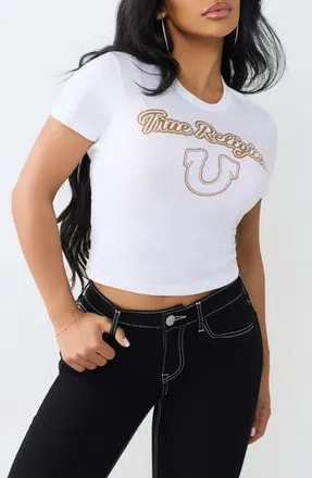 True Religion Glitter Horseshoe Relaxed Baby Tee in Optic White at Nordstrom Rack, Size X-Large