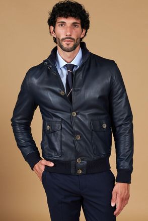 D'Arienzo Giubbotto Bomber in pelle blu con bottoni e tasconi DArienzo, Seleziona Taglia 52, Colore Blu