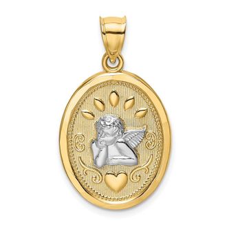 Diamond2Deal 14k Yellow Gold and White Rhodium Oval Cherub with Heart Oval Charm Pendant