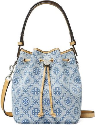 Tory Burch Mini T Monogram Denim Bucket Bag in Powder Blue at Nordstrom