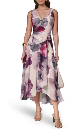 DKNY Chiffon Faux Wrap Midi Dress in Sangria Multi at Nordstrom, Size 10