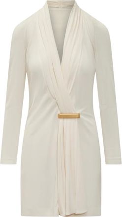 Tom Ford Kleedjes, Dames, Wit, S, V-hals Gedrapeerde Jurk met Lange Mouwen