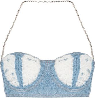 GCDS ribbed washed-denim crop top - women - Cotton - L - Blue