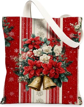 Generic Vintage Floral Canvas Tote Bags, Festive Flower Pattern Reusable Grocery Bags, Lightweight Washable Shoulder Strap Canvas F, Red, 13x15 Inch