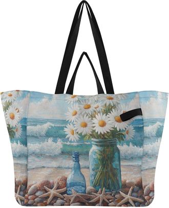 Generic White Starfish Flower pattern Reusable Canvas Tote Bag, Heavy Duty Grocery Shopping Bag with Large Capacity Double Handles Hard Bottom Work Groceries 