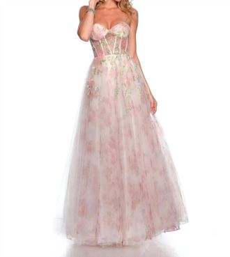 Dave & Johnny Strapless Printed Tulle Ballgown In Print / Pink