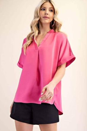 Glam Brit Placket Cuff Sleeve Top In Pink
