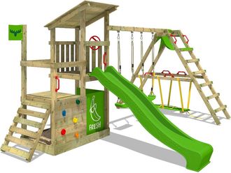 Fatmoose Parque Infantil De Madera Fruityforest Con Columpio Surfswing Y Tobog&aacute;n Torre De Escalada De Exterior Con Arenero Y Escalera Para Ni&ntilde;os - Verde Manzan