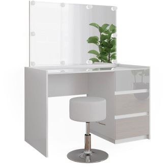 Vicco Tavolo da toilette Marla, Bianco lucido, 120 cm con specchio, sgabello, luci fiabesche a led
