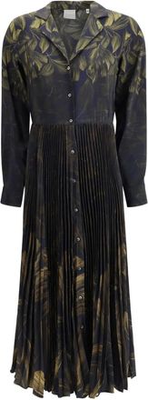 Sara Roka Geplooide jurk met bladerprint - Blauw