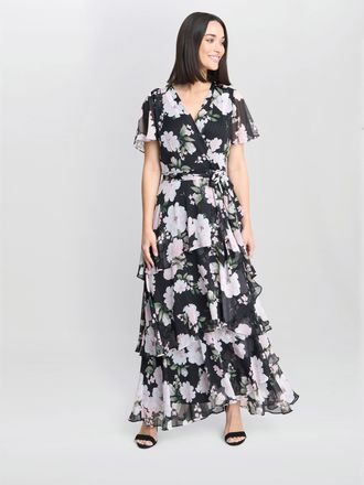 Gina Bacconi Womens Sally Printed Maxi Tiered Dress With Tie Belt - Black - Size 22 UK