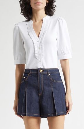 Cinq &agrave; Sept Junie Ruffle Rib Top in White/White at Nordstrom, Size X-Small