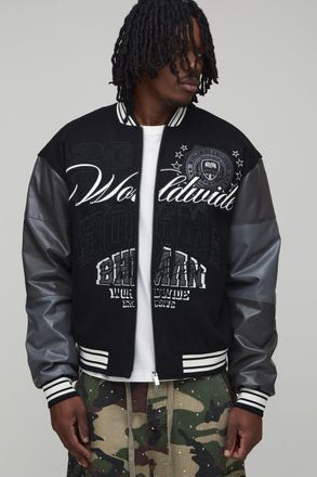 Boohooman Mens Tall Melton & PU Mixed Fabric Embellished Varsity Jacket - Black - Size Medium