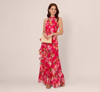 Adrianna Papell Floral Chiffon Keyhole Halter Maxi Dress In Pink Multi