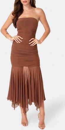 Bebe Strapless Handkerchief Hem Powermesh Dress in Mocha at Nordstrom Rack, Size X-Large