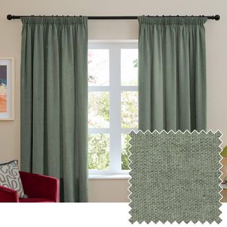 furn. Soft Chenille Blackout Pencil Pleat Curtain Pair in Green | Size: 229 cm width x 229 cm drop