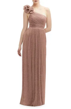 After Six Ruffle One-Shoulder Metallic Column Gown in Sienna Metallic at Nordstrom, Size Xx-Large
