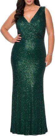 La Femme Long Sequin Plus Size Gown with V-Neck in Dark Emerald at Nordstrom, Size 12W