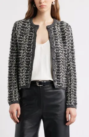 Nordstrom Textured Crewneck Cardigan in Grey Texture Plaid at Nordstrom, Size Xx-Large