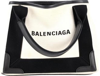Balenciaga Pre-owned Womens Navy XS Cabas Tote in White Canvas and Leather - Ecru - One Size