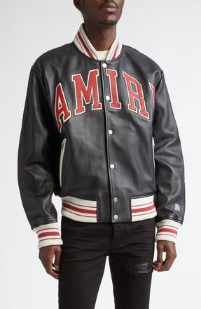 Amiri Varsity Logo Leather Bomber Jacket in Black at Nordstrom, Size 36 Us