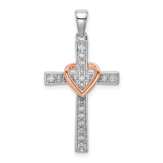 Diamond2Deal 14K Two-Tone Gold Lab Grown Diamond Heart Cross Pendant (0.12ct, VS, G-H)