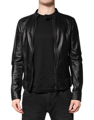 Dolce & Gabbana Black Sheep Leather Biker Full Zip Mens Jacket