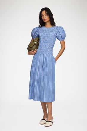 Ganni Nouvean Navy Dress in Striped Cotton - Size 32 Organic