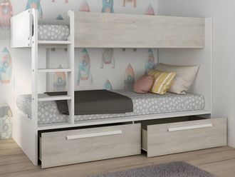 Vente-Unique Bunk Beds With 2 Drawers - 2 X 90 X 200 Cm - White & Natural in Light Oak | Size: Single