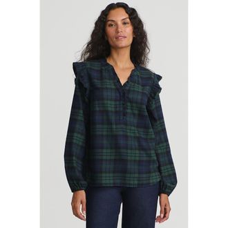 Lands End Ruffle Front Flannel Popover Blouse in Deep Forest Blackwatch Plaid at Nordstrom, Size X-Large