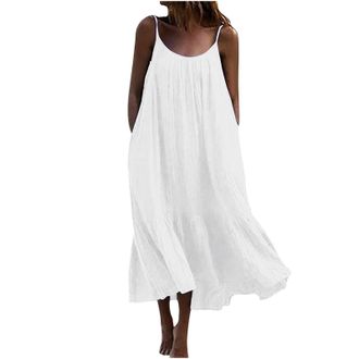 Generic H-942 White Ladies Sleeveless Spaghetti Strap Dresses Loose Fit Dresses for Juniors Square Neck Rayon Beach Brunch Hawaiian Ruched Maxi Long Fall Summ