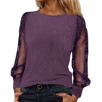 Generic Sparkly Tops for Women UK Sequin Top Christmas Party Wear Lace Mesh Sheer Long Sleeve Top Crew Neck Sequin Tee Shirts Glitter Tops T Shirt Baggy Tunic