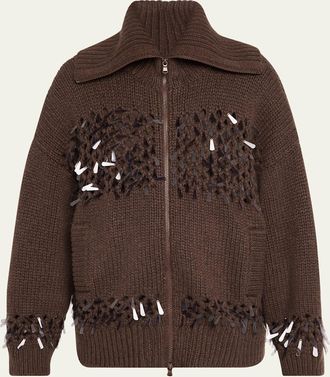 Brunello Cucinelli Sequined Net Stitch Cashmere Zip Cardigan
